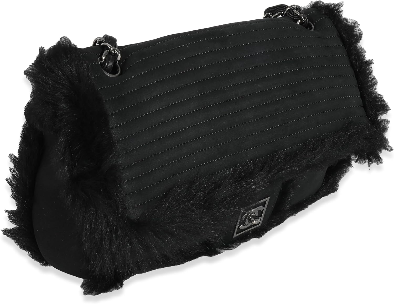 CHANEL PRE-LOVED BLACK HORIZONTAL STITCH SHEARLING CC FLAP BAG