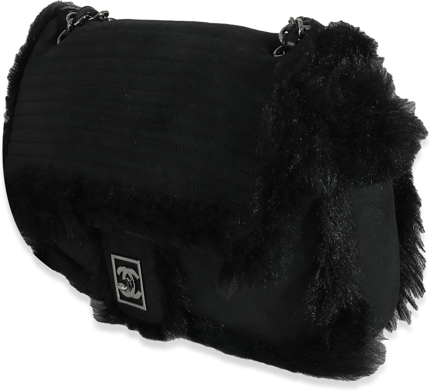 CHANEL PRE-LOVED BLACK HORIZONTAL STITCH SHEARLING CC FLAP BAG