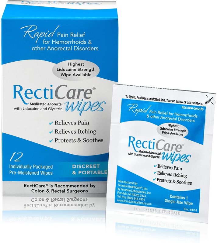 RECTICARE ANORECTAL WIPES WITH 5% LIDOCAINE & GLYCERIN - 12 PACK FOR IMMEDIATE RELIEF
