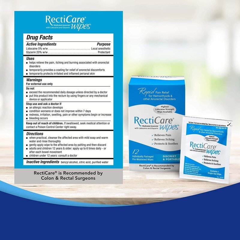 RECTICARE ANORECTAL WIPES WITH 5% LIDOCAINE & GLYCERIN - 12 PACK FOR IMMEDIATE RELIEF