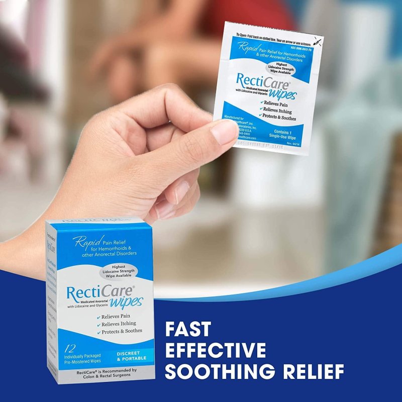 RECTICARE ANORECTAL WIPES WITH 5% LIDOCAINE & GLYCERIN - 12 PACK FOR IMMEDIATE RELIEF