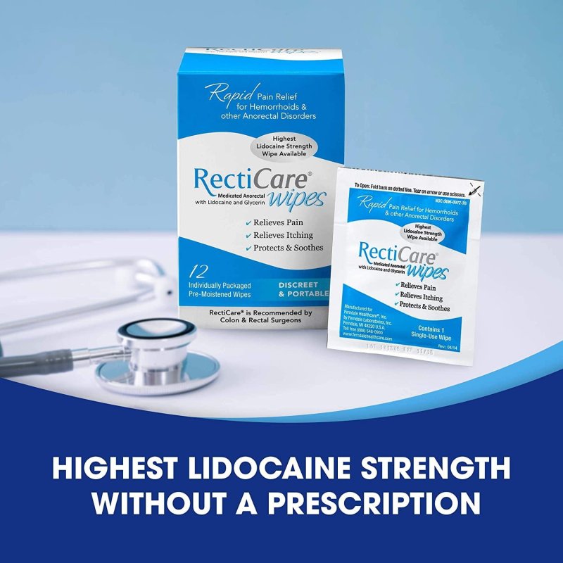 RECTICARE ANORECTAL WIPES WITH 5% LIDOCAINE & GLYCERIN - 12 PACK FOR IMMEDIATE RELIEF