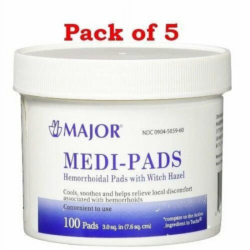 MAJOR MEDI-PADS HEMORRHOIDAL PADS WITCH HAZEL 100 CT JAR PACK OF 5