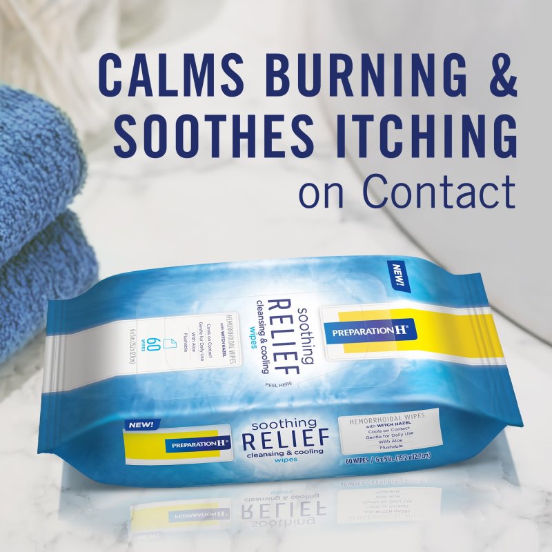 PREPARATION H SOOTHING RELIEF WIPES 60-COUNT PACK FLUSHABLE WITH WITCH HAZEL ALOE BUTT ITCH COOLING CLEANSING