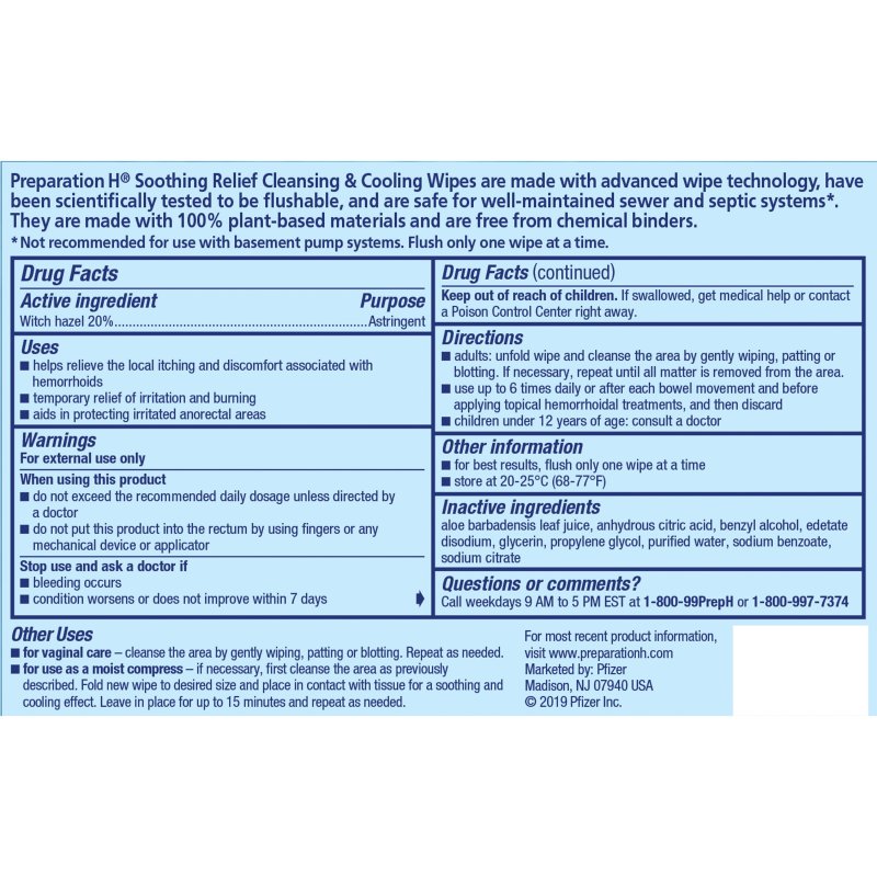 PREPARATION H SOOTHING RELIEF WIPES 60-COUNT PACK FLUSHABLE WITH WITCH HAZEL ALOE BUTT ITCH COOLING CLEANSING