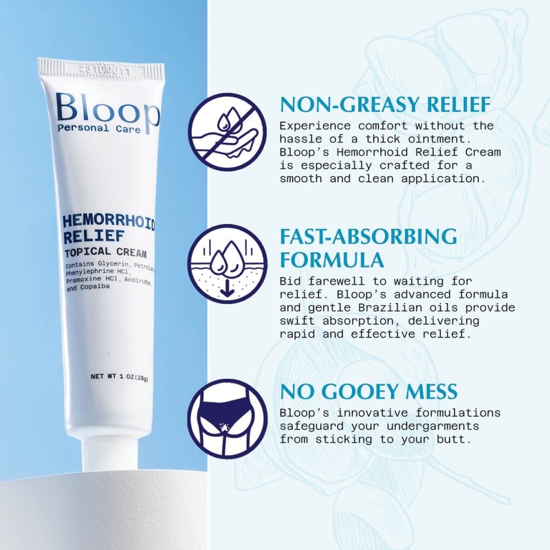 BLOOP HEMORRHOID RELIEF CREAM PHENYLEPHRINE PRAMOXINE ANDIROBA COPAIBA OILS MAX STRENGTH 1OZ