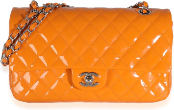 CHANEL PRE-LOVED ORANGE QUILTED PATENT MEDIUM CLASSIC DOUBLE FLAP BAG