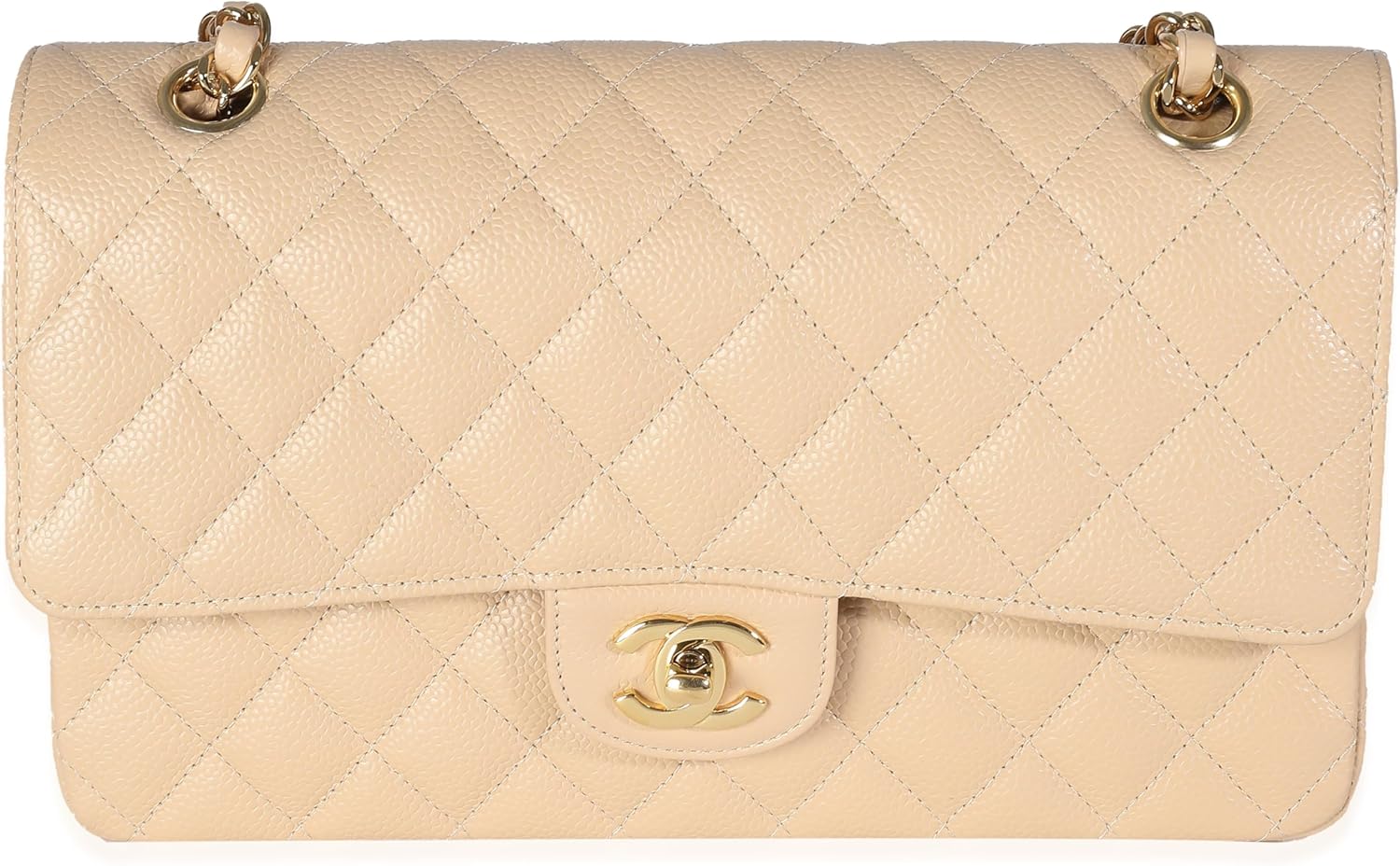 CHANEL PRE-LOVED BEIGE QUILTED CAVIAR MEDIUM CLASSIC DOUBLE FLAP HANDBAG