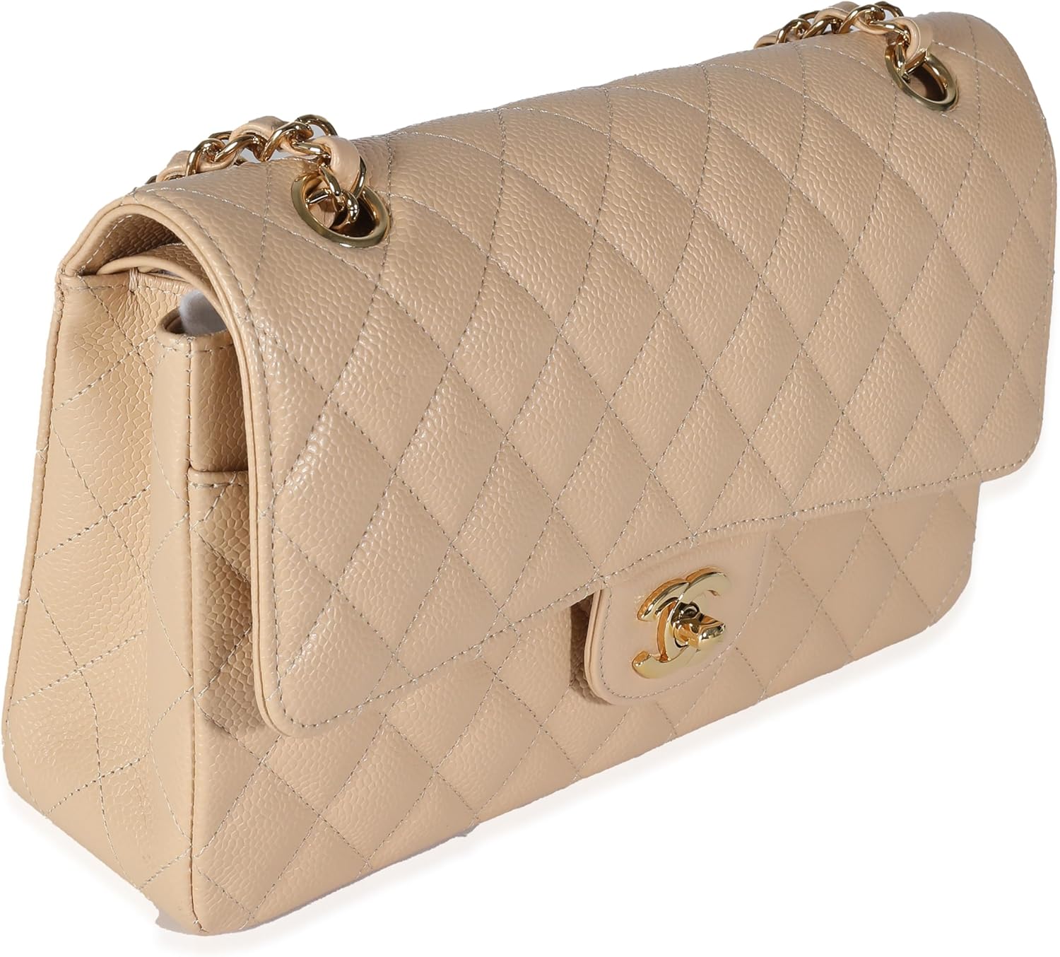 CHANEL PRE-LOVED BEIGE QUILTED CAVIAR MEDIUM CLASSIC DOUBLE FLAP HANDBAG