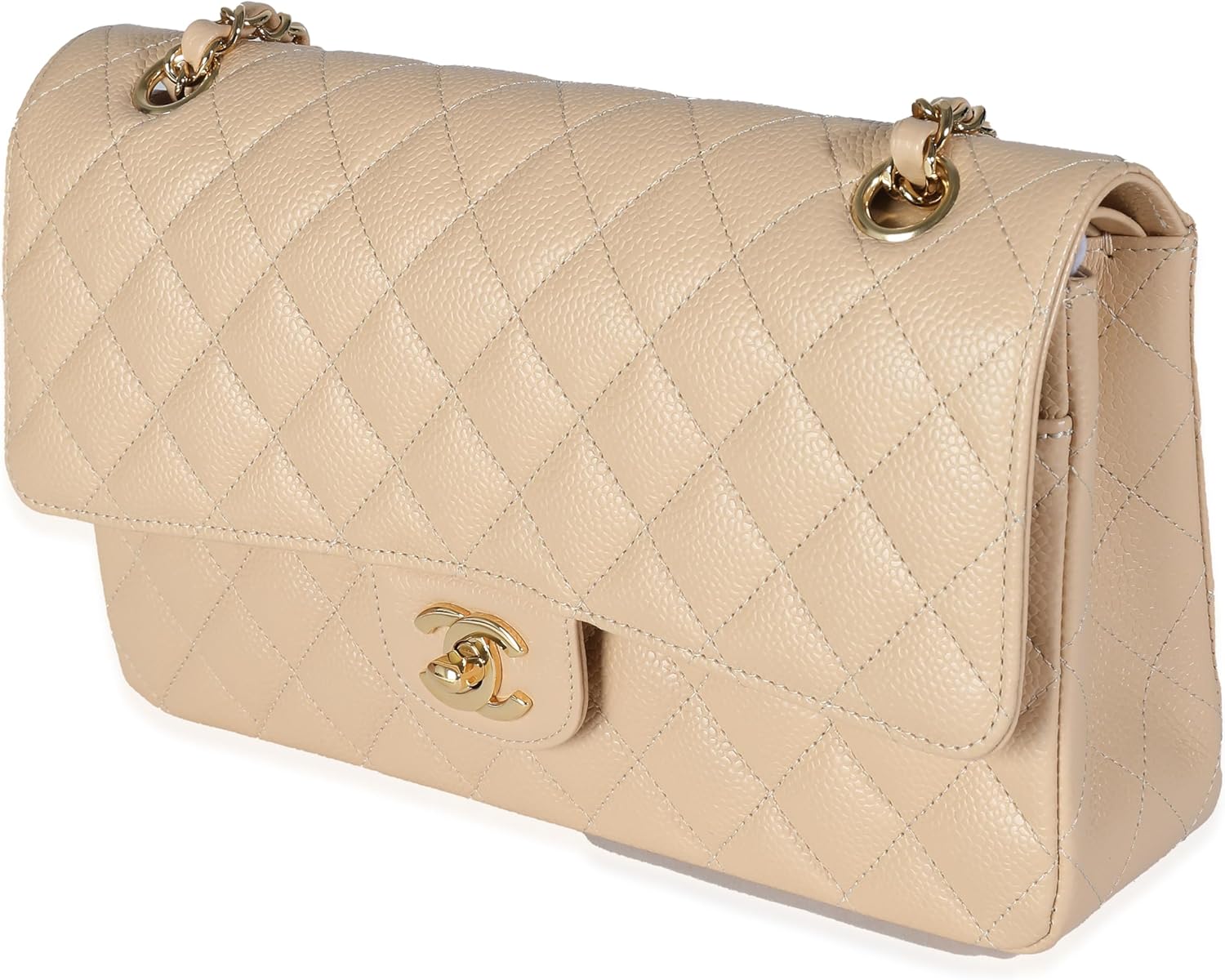 CHANEL PRE-LOVED BEIGE QUILTED CAVIAR MEDIUM CLASSIC DOUBLE FLAP HANDBAG