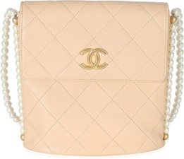 CHANEL PRE-LOVED BEIGE QUILTED CALFSKIN SMALL PEARL CHAIN HOBO