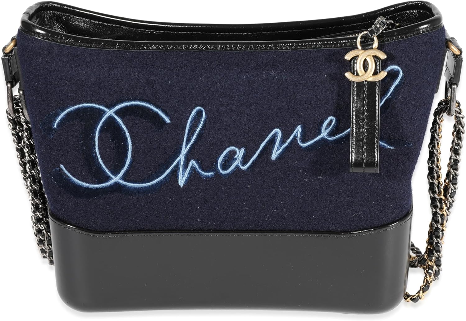 CHANEL PRE-LOVED NAVY WOOL PARIS-HAMBURG EMBROIDERED LARGE GABRIELLE HOBO