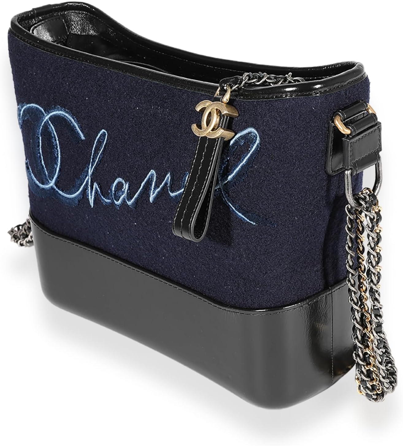 CHANEL PRE-LOVED NAVY WOOL PARIS-HAMBURG EMBROIDERED LARGE GABRIELLE HOBO
