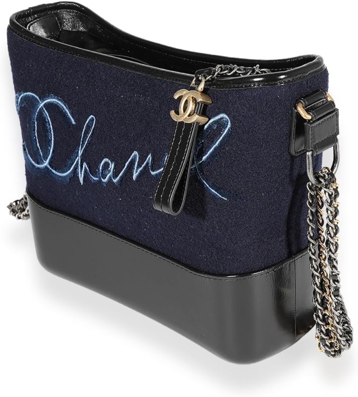 CHANEL PRE-LOVED NAVY WOOL PARIS-HAMBURG EMBROIDERED LARGE GABRIELLE HOBO