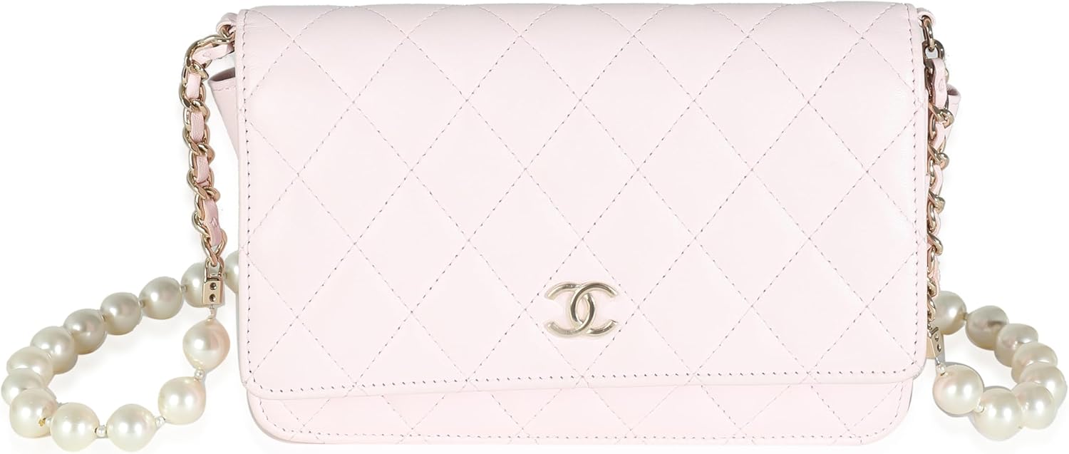 CHANEL PRE-LOVED PINK QUILTED LAMBSKIN PEARL WALLET ON CHAIN