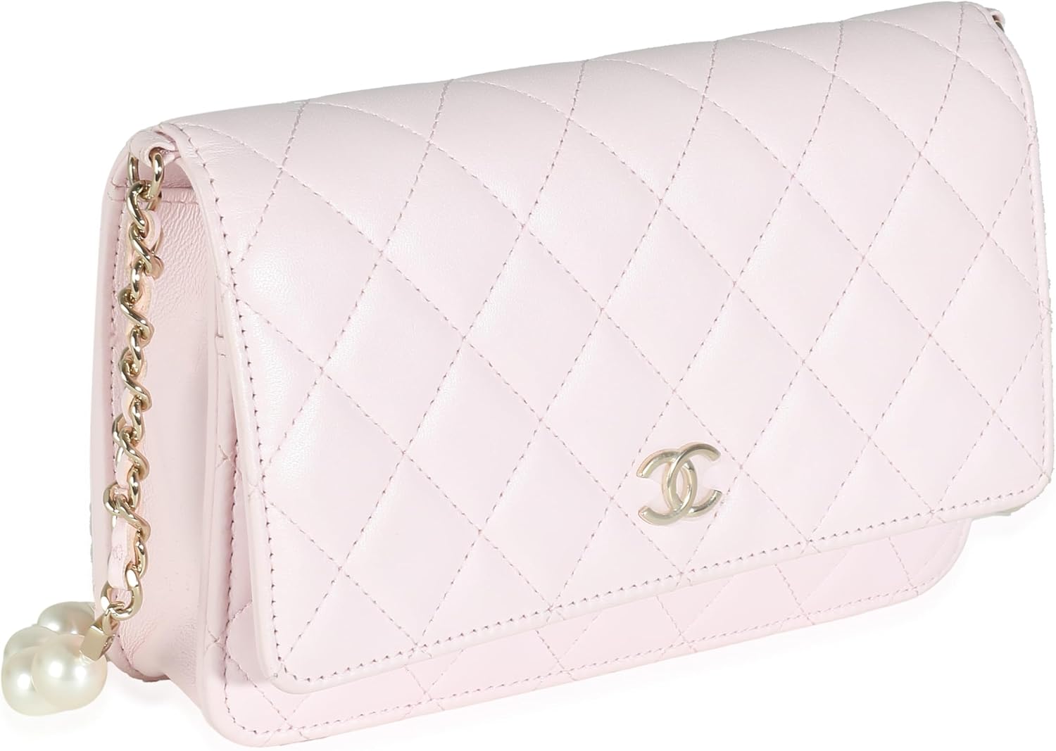 CHANEL PRE-LOVED PINK QUILTED LAMBSKIN PEARL WALLET ON CHAIN