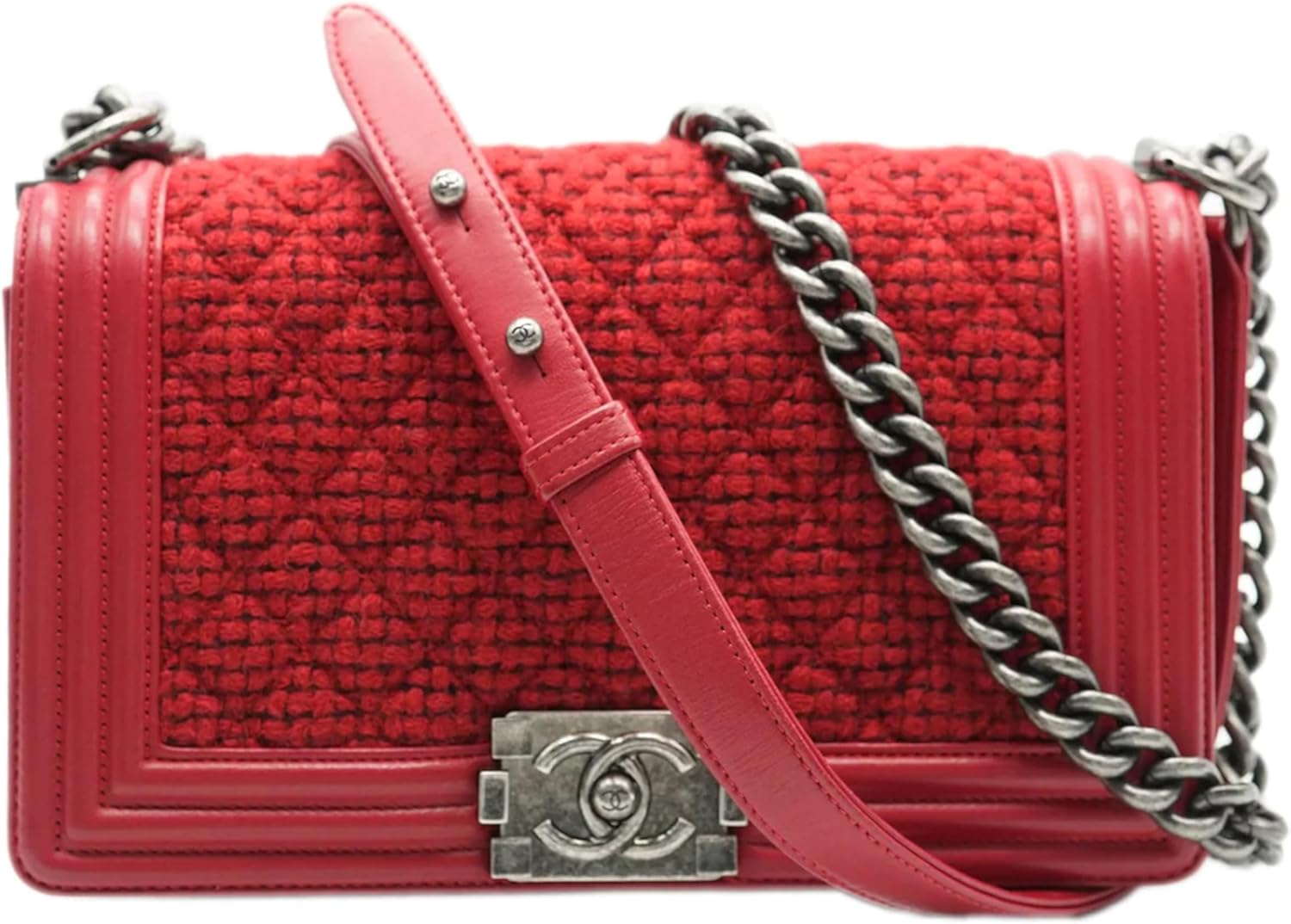 CHANEL PRE-LOVED RED QUILTED TWEED LAMBSKIN OLD MEDIUM BOY BAG