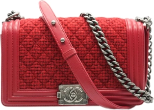 CHANEL PRE-LOVED RED QUILTED TWEED LAMBSKIN OLD MEDIUM BOY BAG