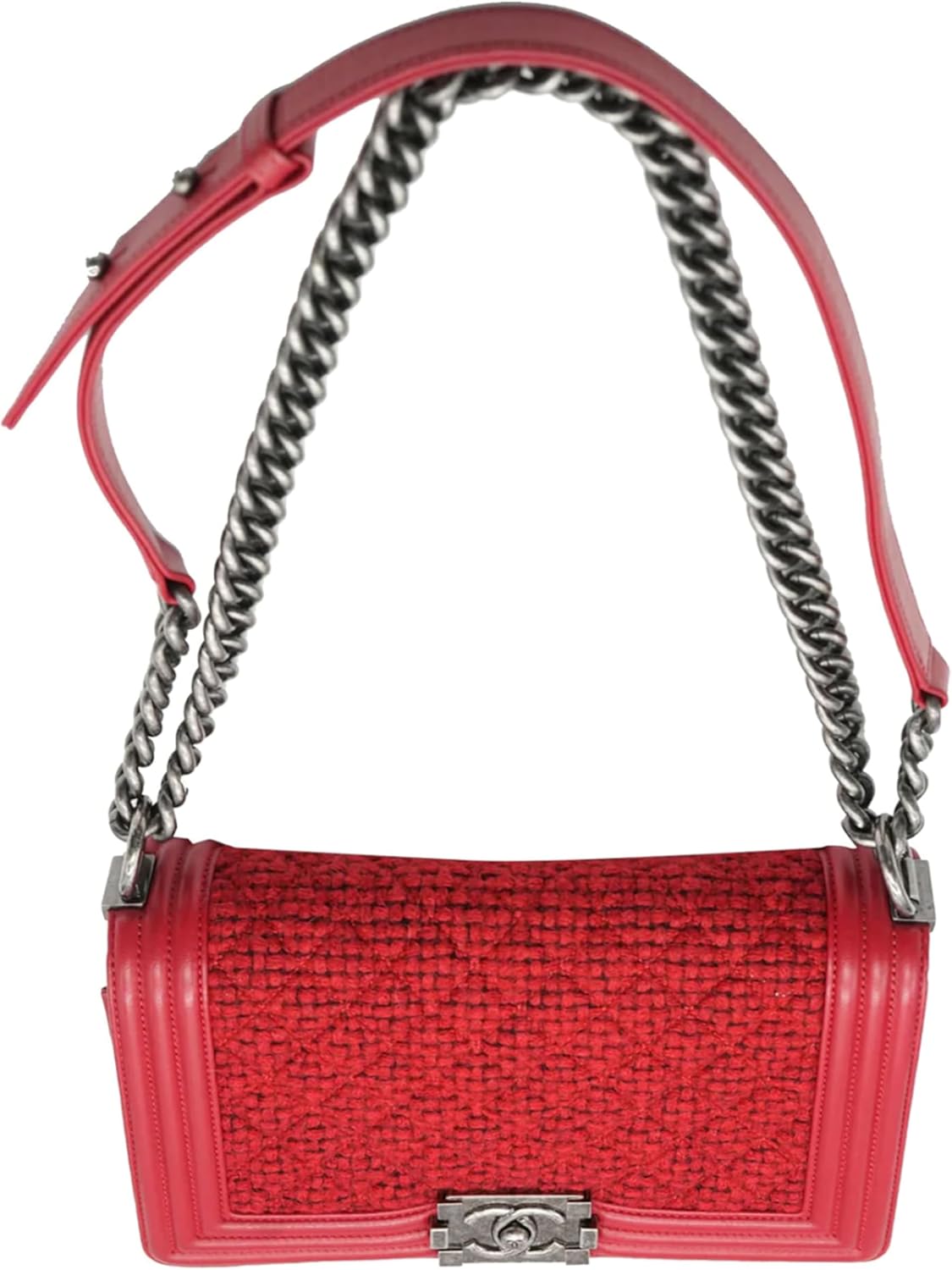 CHANEL PRE-LOVED RED QUILTED TWEED LAMBSKIN OLD MEDIUM BOY BAG