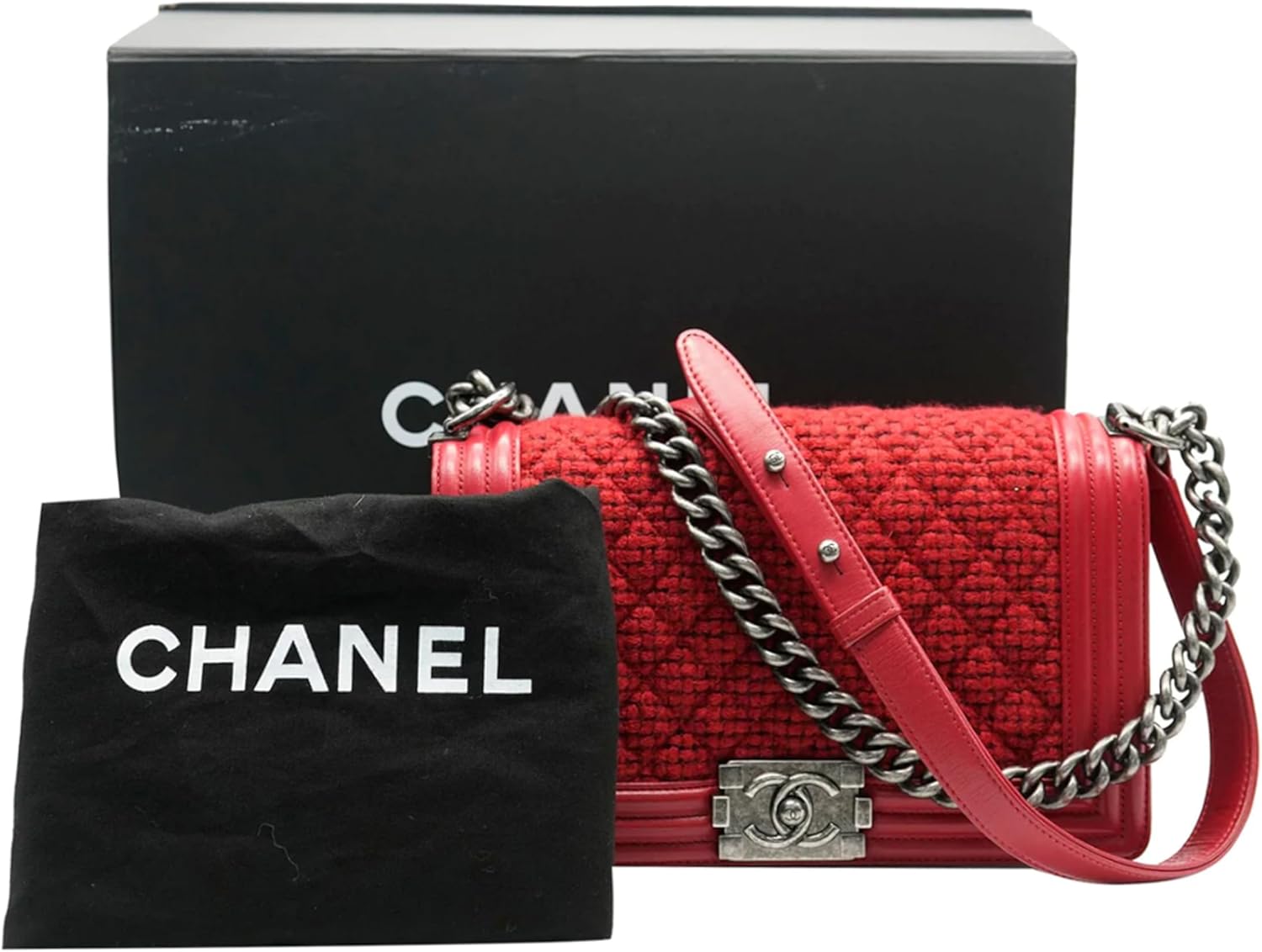CHANEL PRE-LOVED RED QUILTED TWEED LAMBSKIN OLD MEDIUM BOY BAG