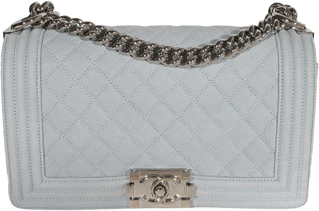 CHANEL PRE-LOVED LIGHT BLUE QUILTED WASHED CAVIAR OLD MEDIUM BOY HANDBAG