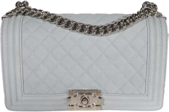 CHANEL PRE-LOVED LIGHT BLUE QUILTED WASHED CAVIAR OLD MEDIUM BOY HANDBAG