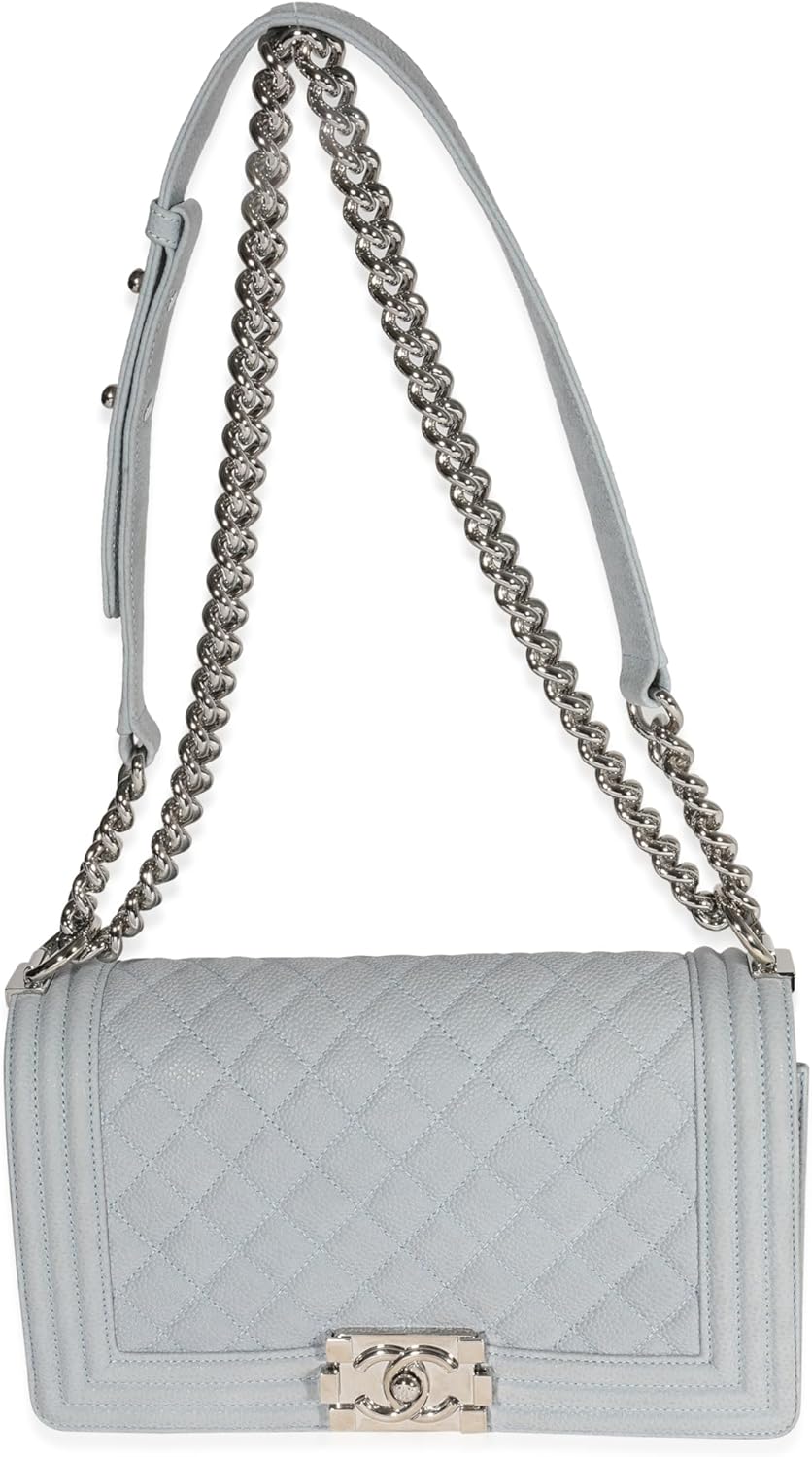 CHANEL PRE-LOVED LIGHT BLUE QUILTED WASHED CAVIAR OLD MEDIUM BOY HANDBAG