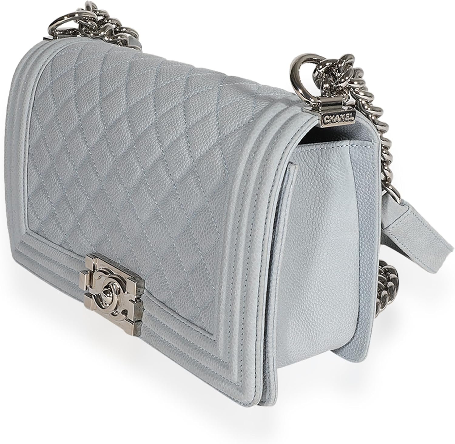 CHANEL PRE-LOVED LIGHT BLUE QUILTED WASHED CAVIAR OLD MEDIUM BOY HANDBAG