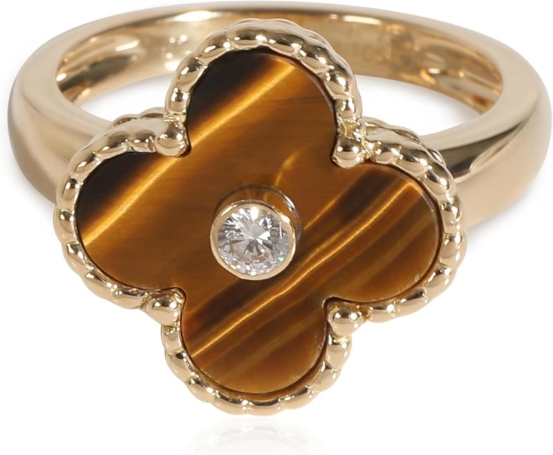 VAN CLEEF & ARPELS PRE-LOVED, ALHAMBRA TIGER'S EYE RING, 18K YELLOW GOLD 0.05 CTW, 6