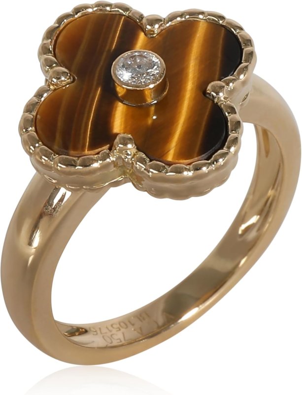 VAN CLEEF & ARPELS PRE-LOVED, ALHAMBRA TIGER'S EYE RING, 18K YELLOW GOLD 0.05 CTW, 6