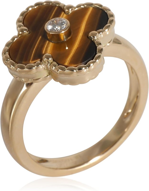VAN CLEEF & ARPELS PRE-LOVED, ALHAMBRA TIGER'S EYE RING, 18K YELLOW GOLD 0.05 CTW, 6