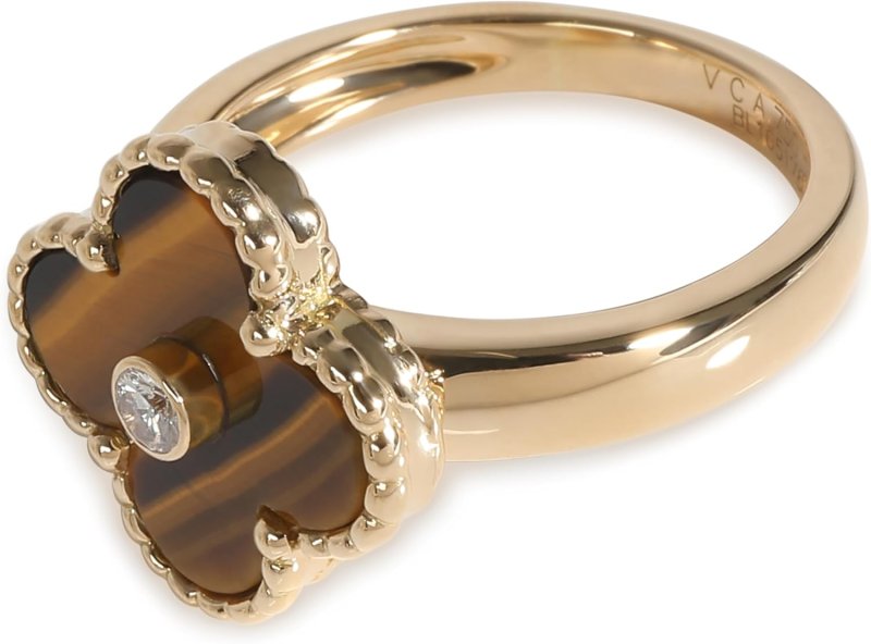 VAN CLEEF & ARPELS PRE-LOVED, ALHAMBRA TIGER'S EYE RING, 18K YELLOW GOLD 0.05 CTW, 6