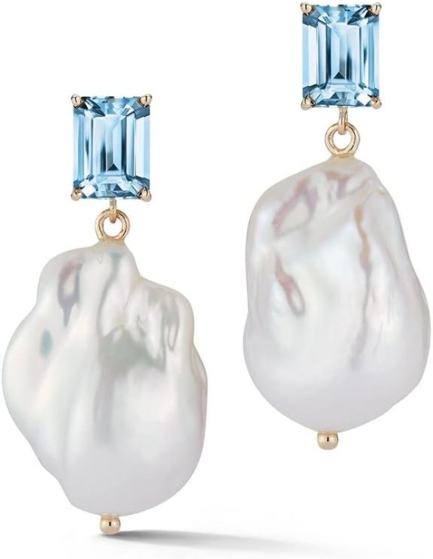 MATEO NEW YORK YELLOW GOLD BLUE TOPAZ AND BAROQUE PEARL DROP EARRINGS