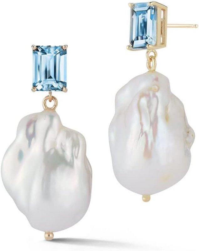 MATEO NEW YORK YELLOW GOLD BLUE TOPAZ AND BAROQUE PEARL DROP EARRINGS