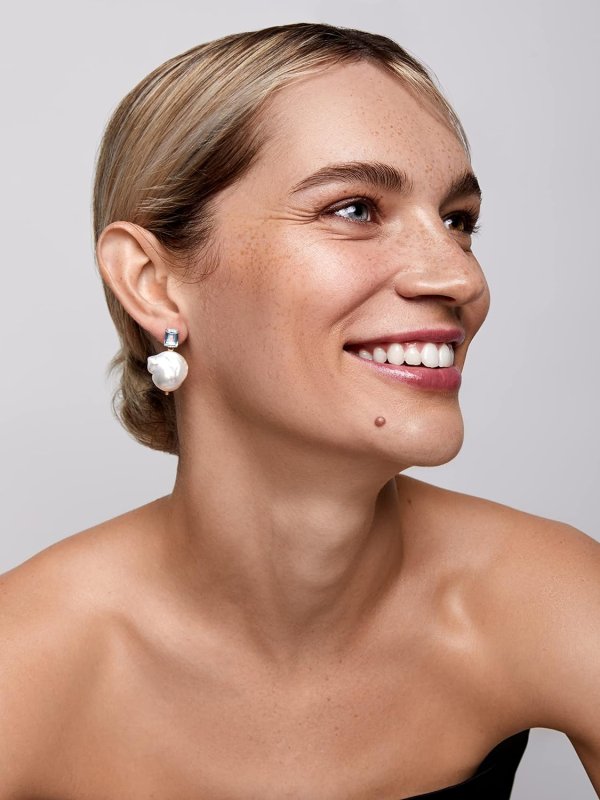 MATEO NEW YORK YELLOW GOLD BLUE TOPAZ AND BAROQUE PEARL DROP EARRINGS