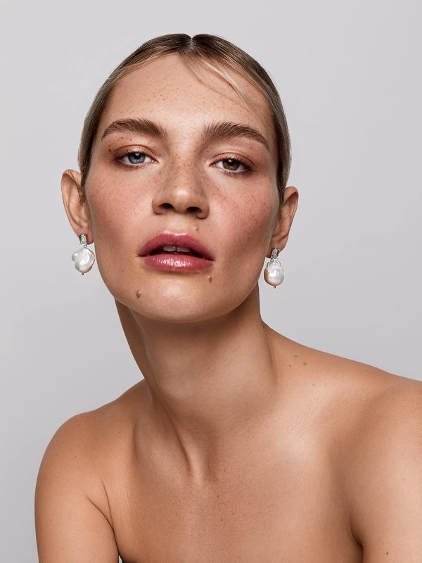 MATEO NEW YORK YELLOW GOLD BLUE TOPAZ AND BAROQUE PEARL DROP EARRINGS