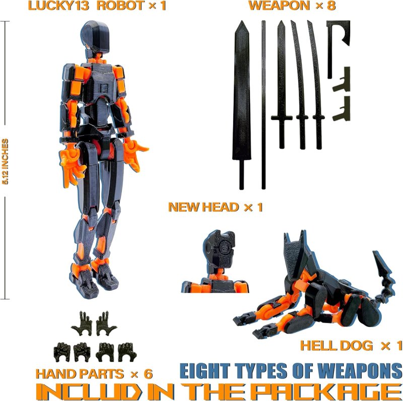 T13 ACTION FIGURE SET 3D PRINTED TOYS ROBO 13 DUMMY TITAN 13 ACTION FIGURE BLACK ORANGE