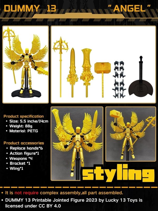 T13 ANGEL ACTION FIGURE WITH MULTIPLE ACCESSORIES ASSEMBLED TITAN 13 DESKTOP DECORATIVE TOY 3D PRINTED MULTI-JOINTED DUMMY 13 FIGURE WITH BRACKET