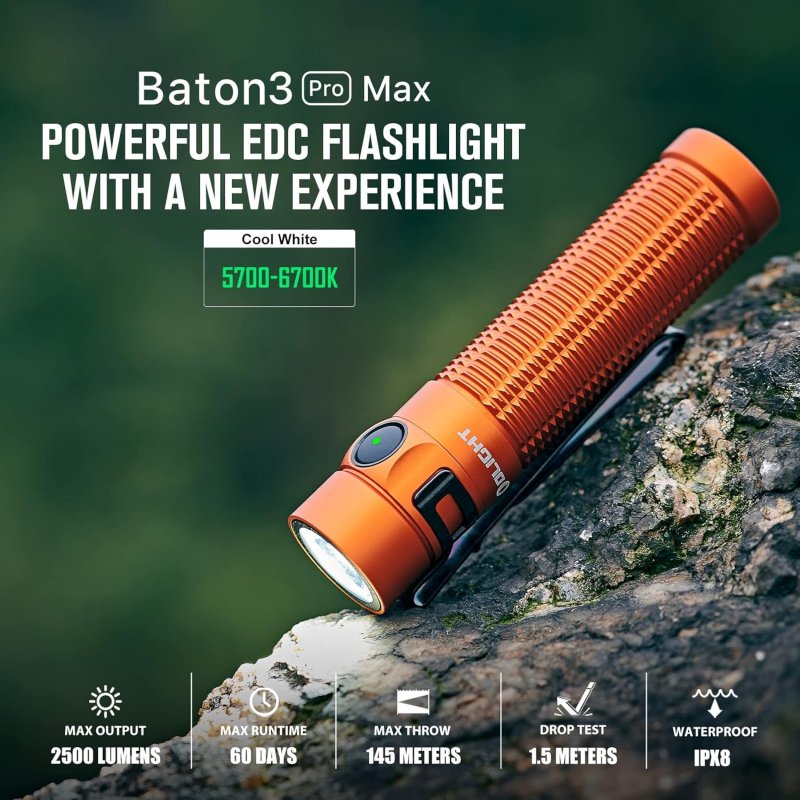 OLIGHT BATON3 PRO MAX FLASHLIGHT RECHARGEABLE COMPACT EDC SAFETY PROXIMITY SENSOR 2500 LED HIGH LUMENS CAMPING HIKING EMERGENCY ORANGE COOL WHITE