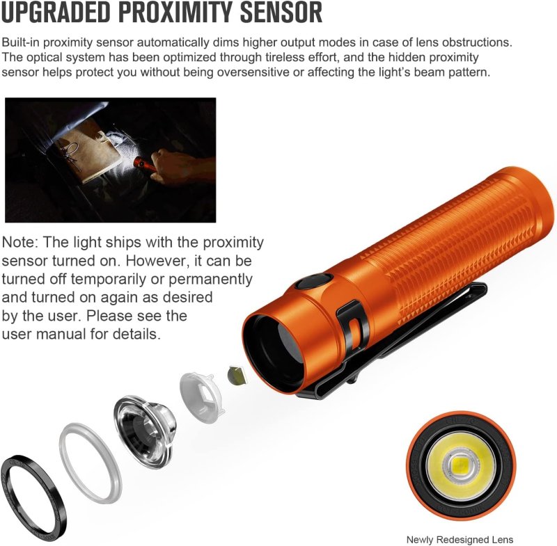 OLIGHT BATON3 PRO MAX FLASHLIGHT RECHARGEABLE COMPACT EDC SAFETY PROXIMITY SENSOR 2500 LED HIGH LUMENS CAMPING HIKING EMERGENCY ORANGE COOL WHITE