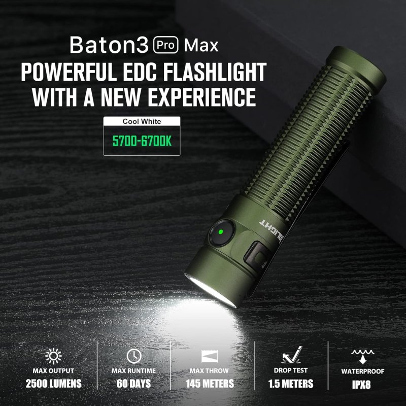 OLIGHT BATON3 PRO MAX 2500 LUMENS RECHARGEABLE COMPACT EDC FLASHLIGHTS WITH SAFETY PROXIMITY SENSOR POCKET LIGHT FOR CAMPING HIKING EMERGENCY COOL WHITE LIGHT 5700~6700K