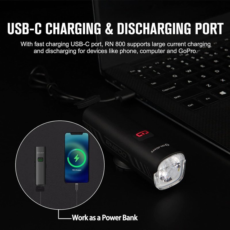 OLIGHT RN 800 RECHARGEABLE BIKE HEADLIGHTS 800 LUMENS FOR URBAN CYCLISTS USB TYPE C CHARGING 1X BATTERY IPX6 WATERPROOF BICYCLE LIGHT
