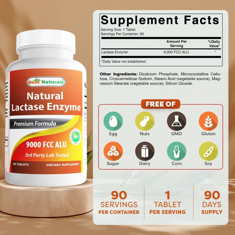 BEST NATURALS LACTASE ENZYME 9000 FCC ALU 90 TABLETS FOR LACTOSE INTOLERANCE RELIEF - 2 PACK