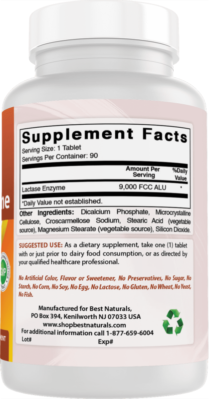 BEST NATURALS LACTASE ENZYME 9000 FCC ALU 90 TABLETS FOR LACTOSE INTOLERANCE RELIEF - 2 PACK