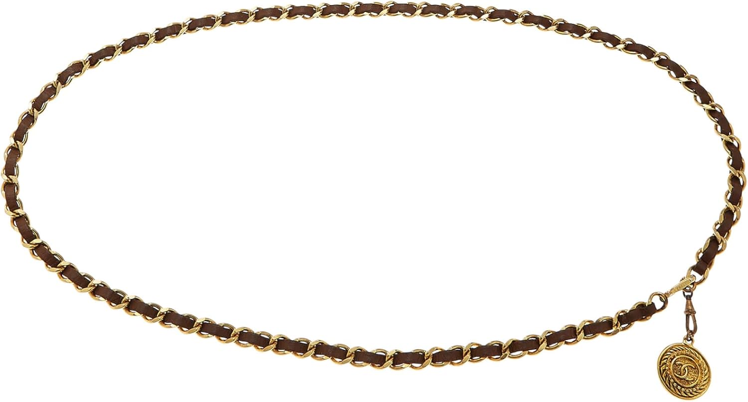 CHANEL PRE-LOVED GOLD & BROWN LEATHER CHAIN BELT, BROWN