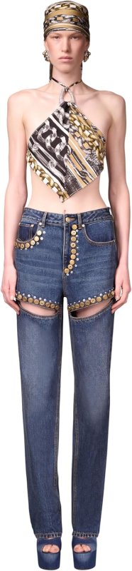 AREA CRYSTAL BUTTON STUDDED SLIT JEAN