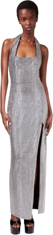 AREA CRYSTAL EMBELLISHED HALTER SLIT GOWN