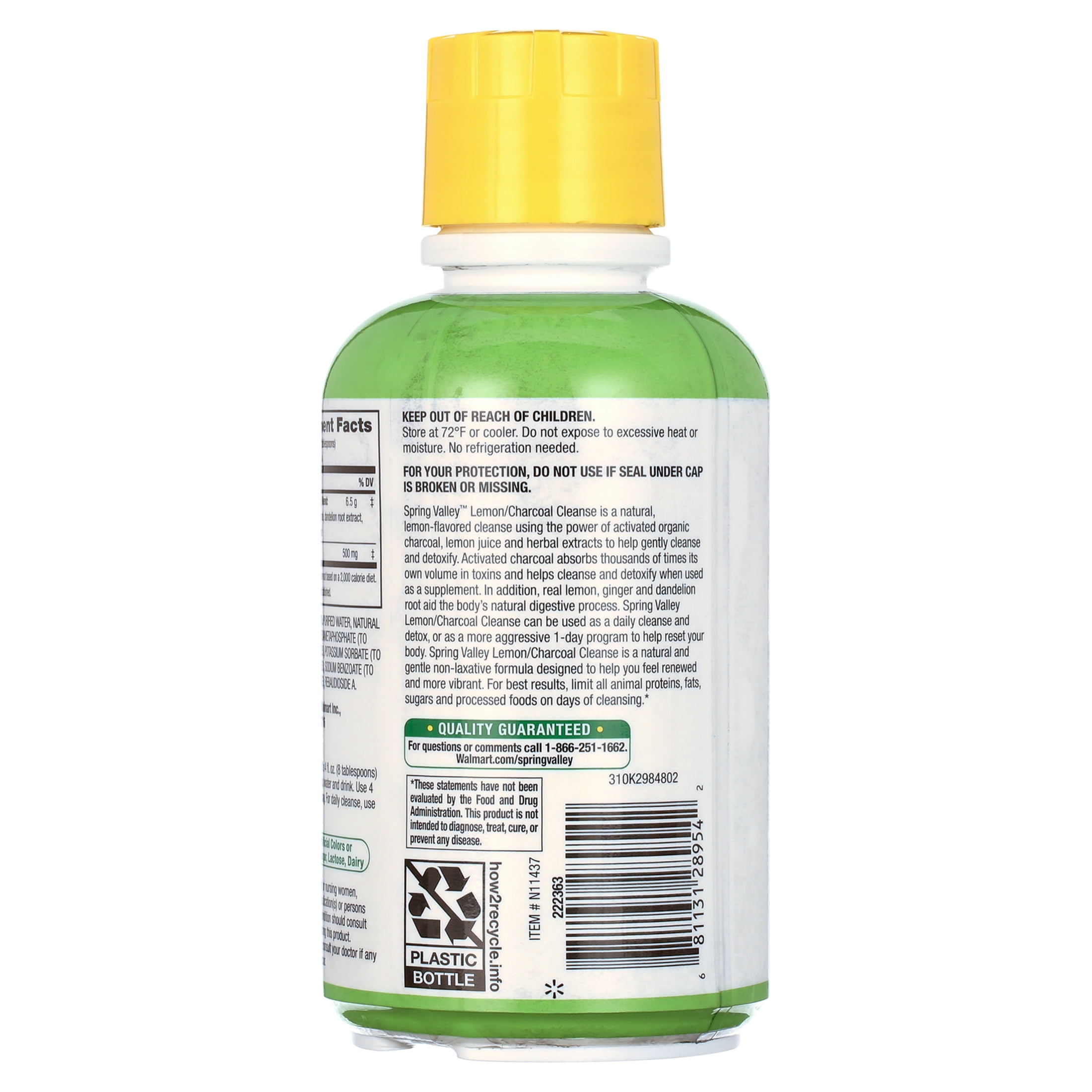 SPRING VALLEY LEMON CHARCOAL CLEANSE LIQUID SUPPLEMENT DETOX 16 FL OZ 4 SERVINGS