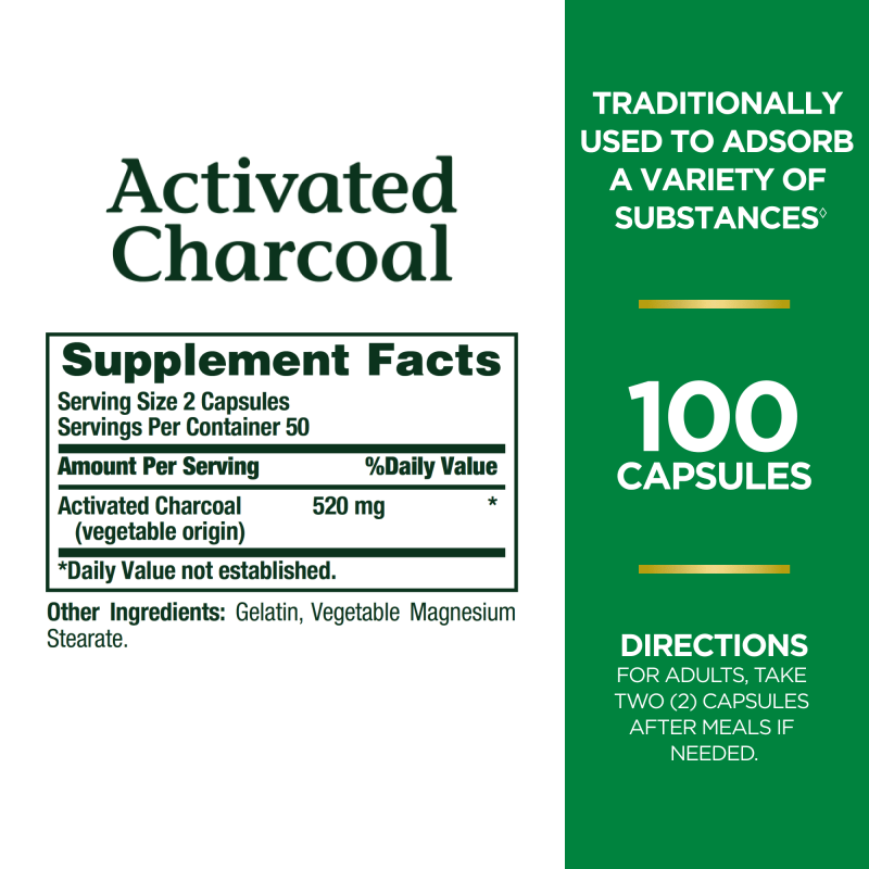 NATURE'S BOUNTY ACTIVATED CHARCOAL 260 MG 100 CAPSULES FOR DETOXIFICATION