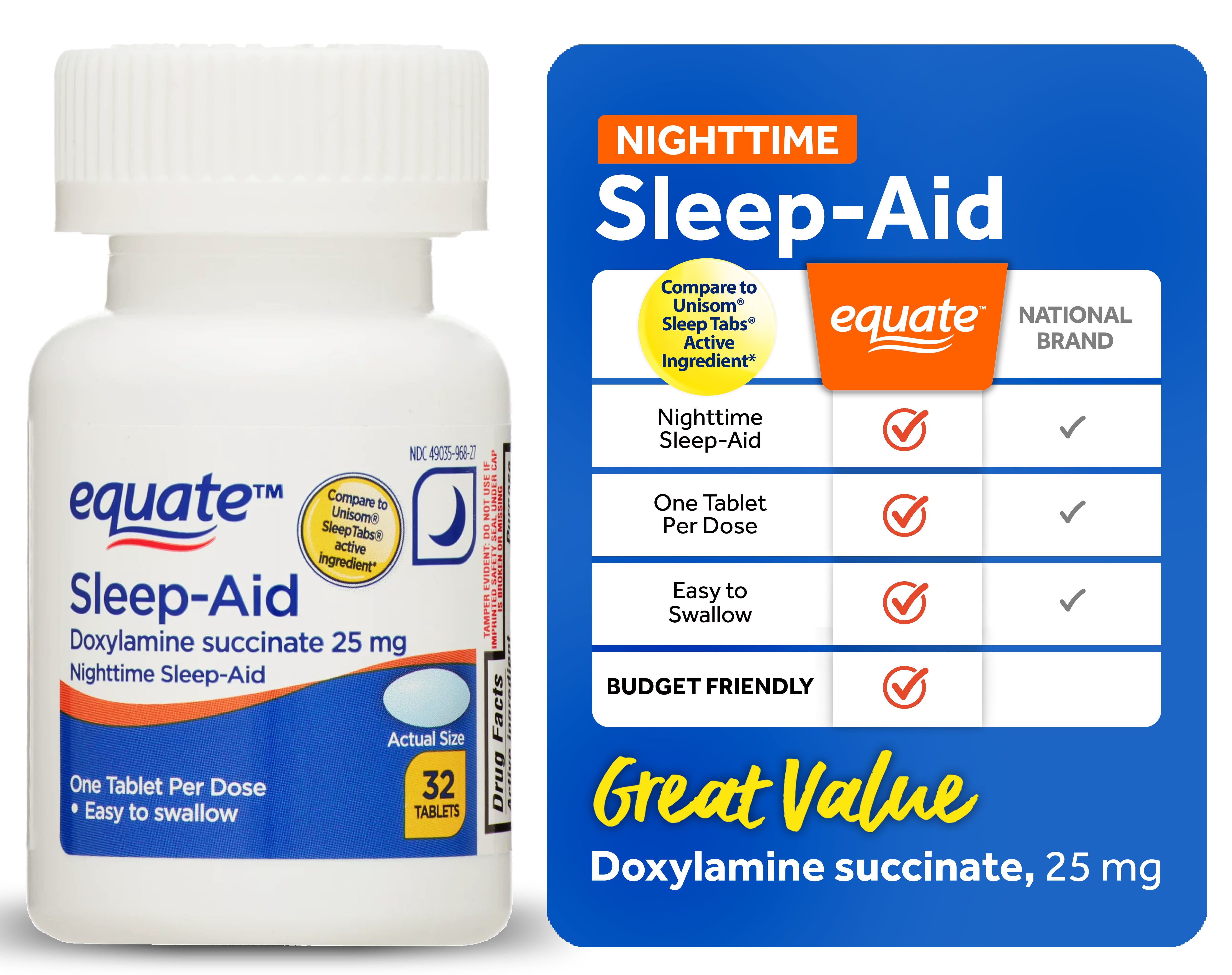 EQUATE 25MG DOXYLAMINE SUCCINATE NIGHTTIME SLEEP SUPPORT SUPPLEMENT 32 COUNT TABLETS FOR RESTFUL SLEEP
